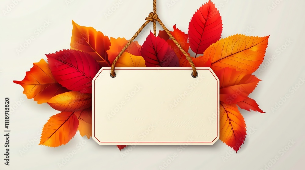 Poster a blank sign with a fall leaf border hangs from a string.