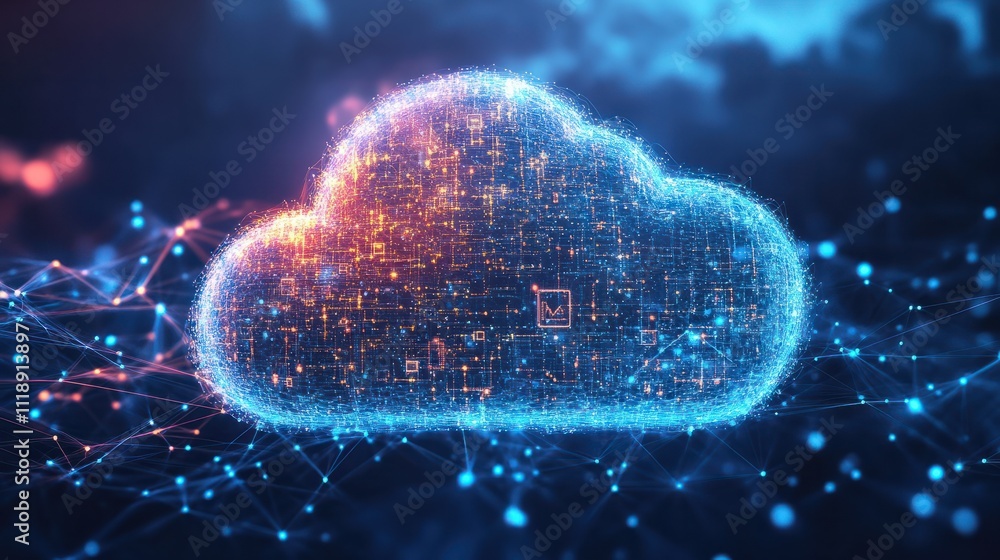 Poster abstract digital data streams on a dark blue background, conveying the concept of big data and cloud