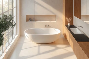 Modern Minimalist Bathroom Design with Freestanding Bathtub and Sleek Wooden Cabinets