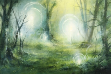 Fototapeta premium a mysterious forest filled with soft, diffused light. The stage is shrouded in an atmosphere of magic and mysticism thanks to luminous spheres floating in the air. 