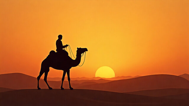 silhouette of a man riding camel in desert with beautiful sunset sky