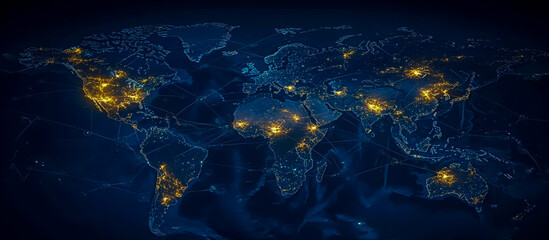 A digital map of the world with global network connections, representing connectivity and technology