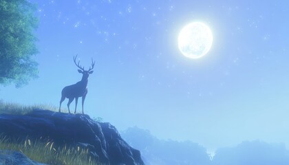 Majestic Deer Stands on Rock, Gazing at Moonlit Night Sky, Serene Nature Scene, Tranquil Wildlife, Peaceful Wilderness