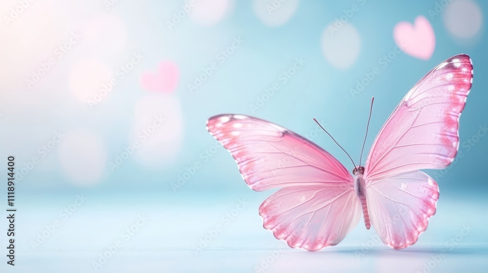Poster delicate pink butterfly on soft colorful background in empty scene