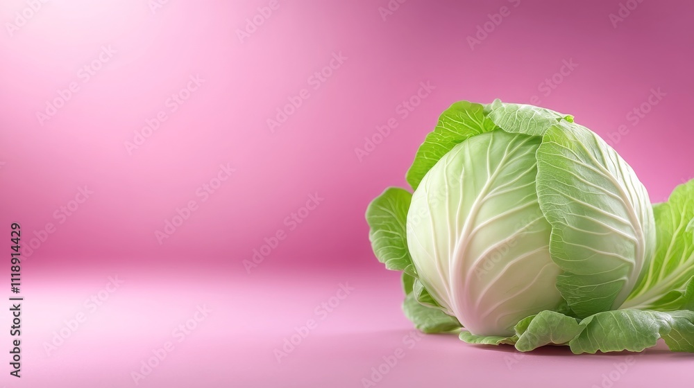 Poster fresh green cabbage on pink background with empty space for text