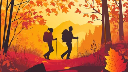Two hikers walk along a path through a colorful autumn forest.