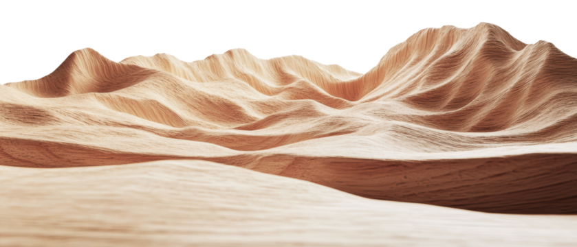 Textured wooden landscape with rolling hills, cut out - stock png.