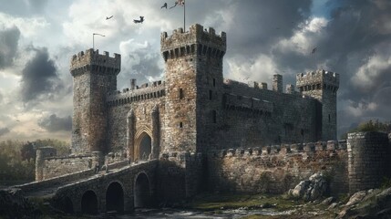 A majestic medieval castle with towers and a drawbridge.