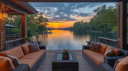 Fototapeta premium A stunning lake view from an elegant deck, featuring outdoor seating with cushions