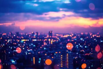 Blurred cityscape at dusk with colorful lights and a vibrant sky.