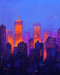 Obraz premium A vibrant city skyline at dusk, showcasing glowing buildings and lights.