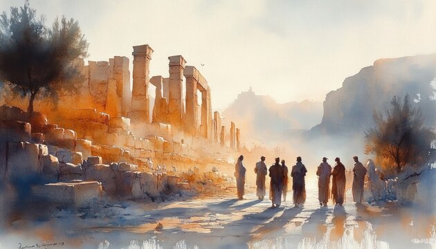 Watercolor Painting of Jesus Ministry in Judea with Ancient Ruins and People Engaged in Conversation