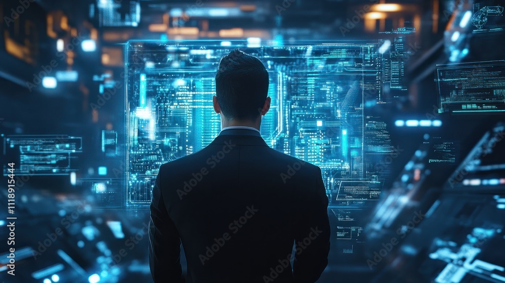 Poster businessman using ai technology for data analytics, artificial intelligence generate. futuristic tec