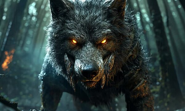 A fierce wolf with glowing eyes in a dark, misty forest setting.