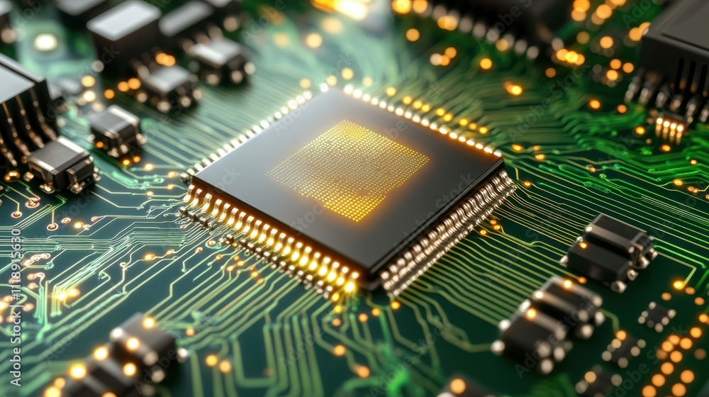 Poster chrome computer chip with ai engraving on green circuit board with glowing patterns