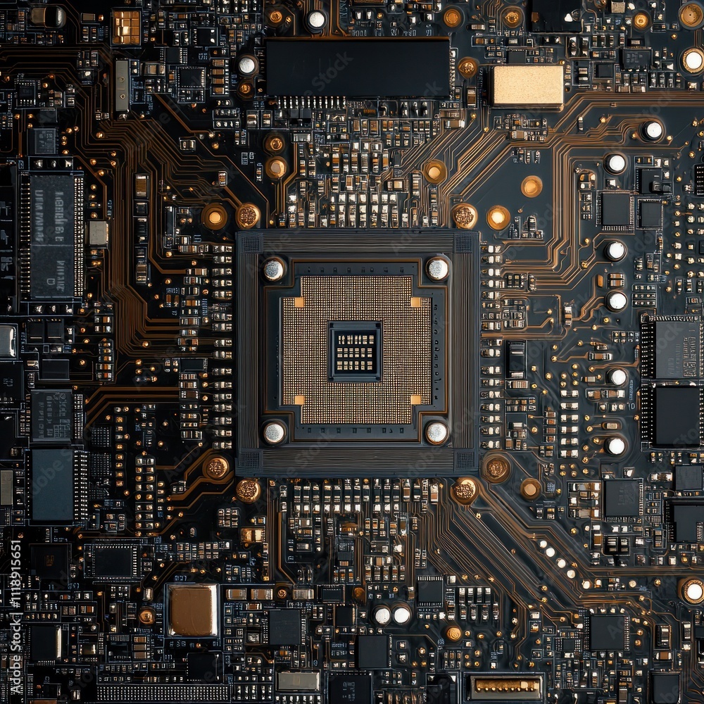 Poster close up macro shot of computer cpu motherboard mainboard with ai powered chip semi conductor proces