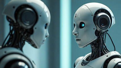 robot cyborg person looking into mirror