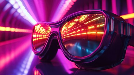 Close-up of high-tech goggles reflecting a neon-lit tunnel, evoking futuristic and cybernetic concepts