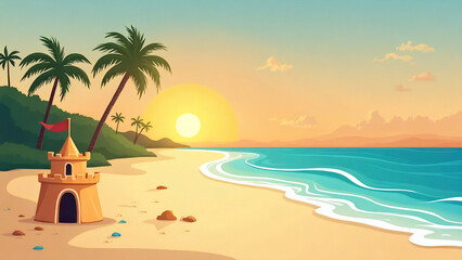 Obraz premium Beautiful sunset and tropical beach with sandcastle illustration