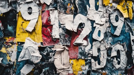 Fototapeta premium Collage of many numbers and letters ripped torn advertisement street posters grunge creased crumpled paper texture background placard backdrop surface