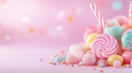 Fototapeta premium Colorful Candy Display with Swirled Lollipops on Pink Background