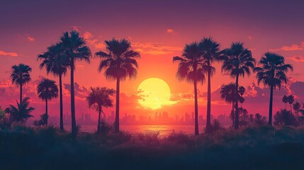A summer card features a graphic design of palm trees silhouetted against a sunset