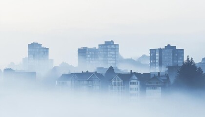 Naklejka premium A misty cityscape with buildings partially obscured by fog.