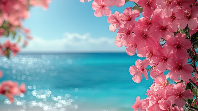 A summer banner with pink flowers and bold text over a blue ocean background