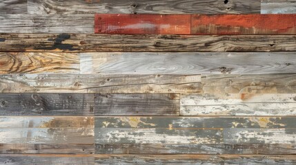 A textured wooden wall featuring various colors and finishes.
