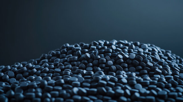 Close up of black rubber pellets a type of polymer resin.