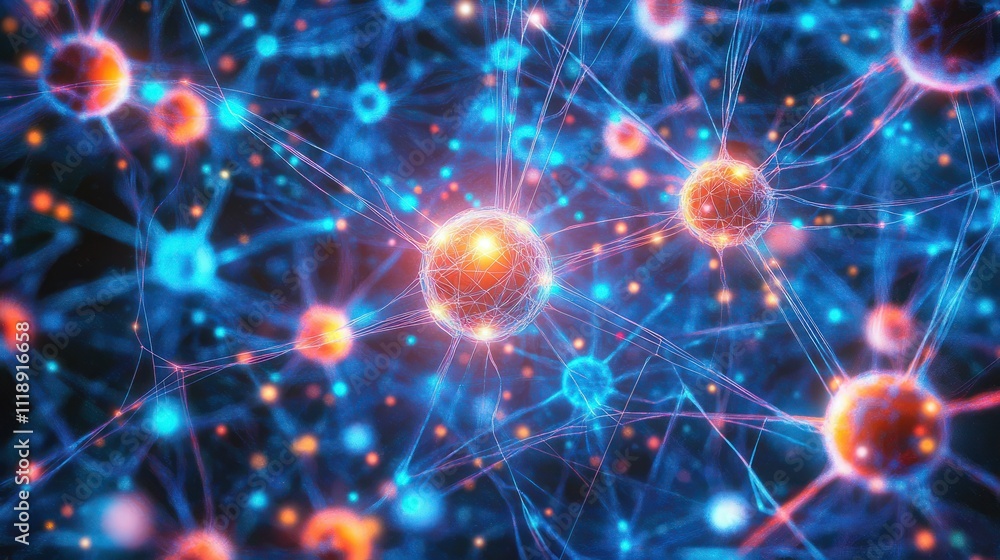 Poster dynamic web of interconnected dots and lines on vibrant blue. technology and communication network i