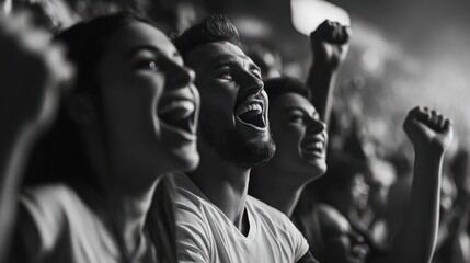 Euphoric football fans cheer loudly in a stadium, showcasing the intense excitement and community spirit at a sporting event. black and white photo