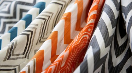 Colorful chevron-patterned fabrics arranged in a display.