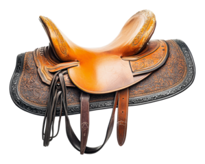 Intricately detailed leather saddle, cut out - stock png.