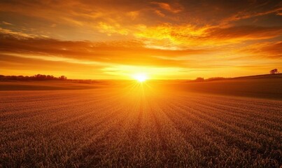 Obraz premium A serene sunset over a vast field, showcasing nature's beauty.