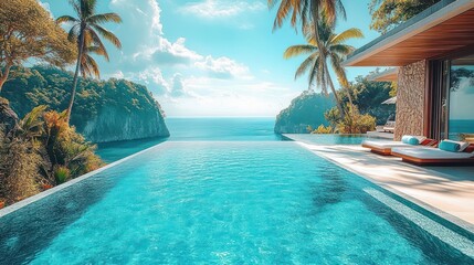 Obraz premium Infinity Pool with Ocean View and Palm Trees in Tropical Paradise Resort