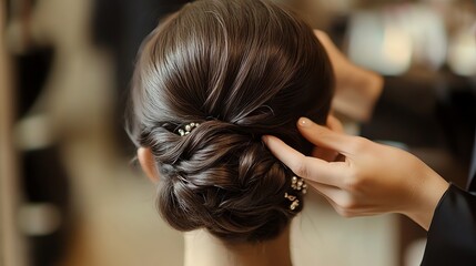 Fototapeta premium A hairstylist carefully styles a woman's hair.