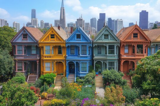 Colorful Victorian Houses with City Skyline at Golden Hour