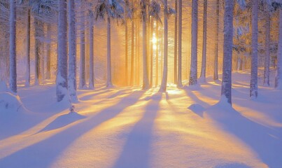 A serene winter forest bathed in warm sunlight and soft shadows.