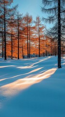 A serene winter landscape with snow-covered ground and illuminated trees.