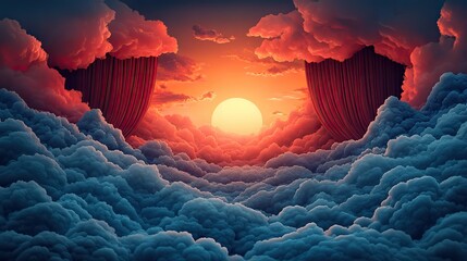 A theatrical poster featuring a show scene with a dramatic curtain