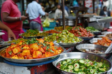 Obraz premium A vibrant display of various street foods in metal bowls.