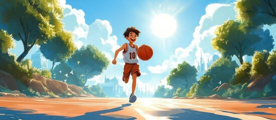 Young Boy Running Dribbling Basketball in Cartoon Style Sunlit Training Scene