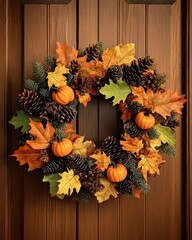 A decorative autumn wreath featuring pumpkins and pinecones.