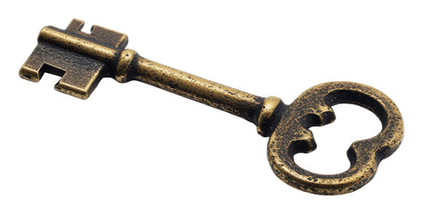 Vintage brass key with intricate design, cut out - stock png.