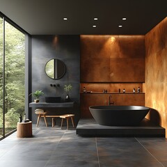 Modern Minimalist Bathroom with Black Freestanding Tub, Wooden Accents and Large Window, Featuring Natural Light and Sleek Design.