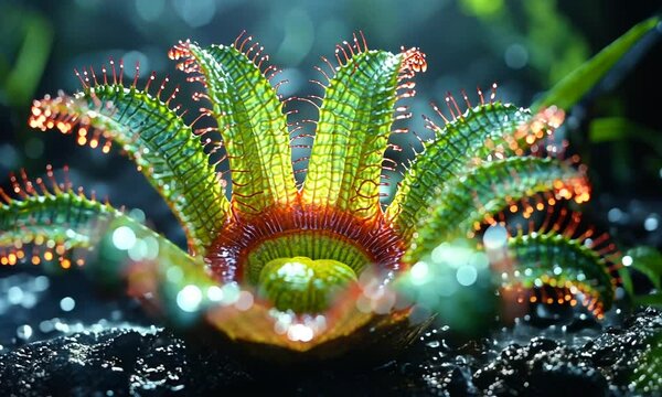 A vibrant, close-up view of a carnivorous plant with colorful, sticky leaves.