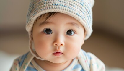 A close-up of a baby wearing a knitted hat, showcasing innocence and curiosity.