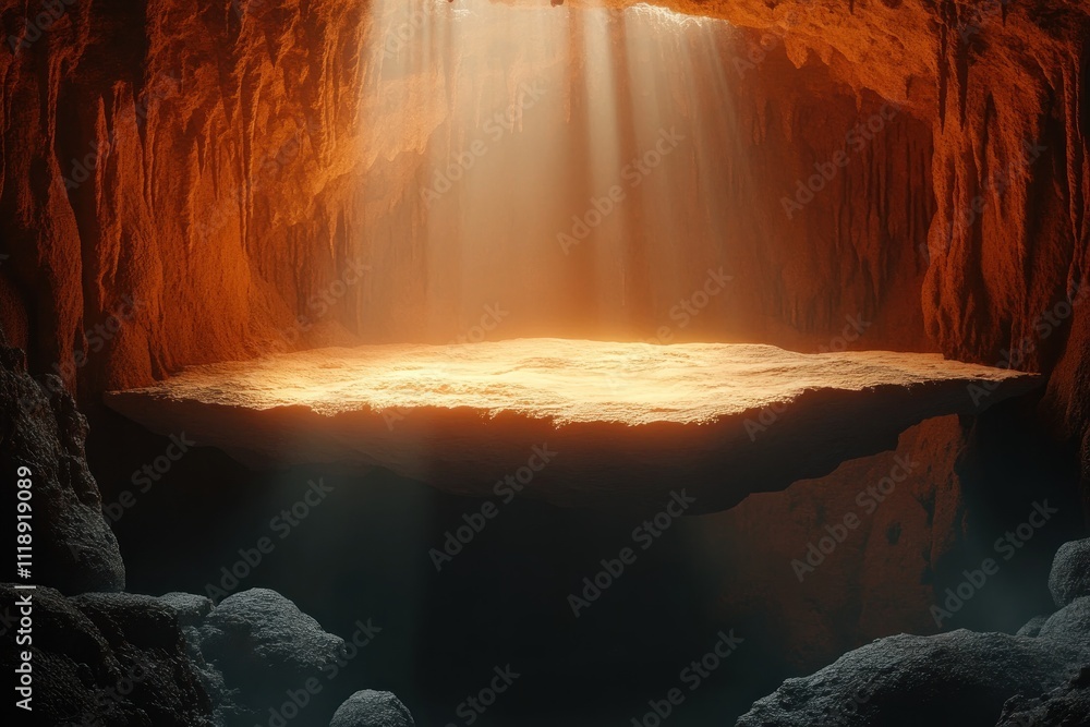Poster cinematic desert cave landscape with floating platform and sunlight rays for product display