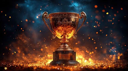 A trophy in a dark setting with shiny lights conveys accomplishment and prestige